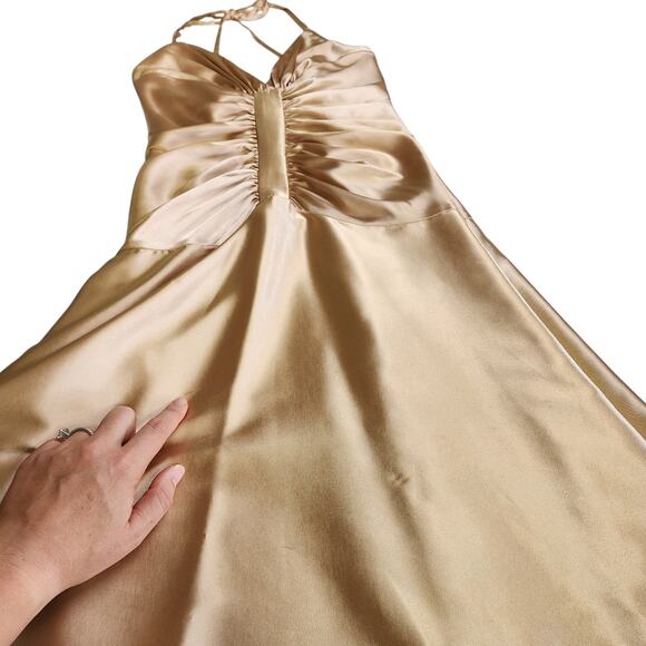 Jessica McClintock Womens Vintage Halter Dress Size 4 Gold Y2K Ruched Drop Waist - Picture 13 of 16